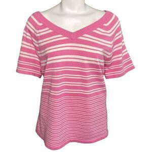 Lane Bryant Sweater‎ Top Women's XL 14 16 Pink White V-Neck Short-Sleeve Stripes